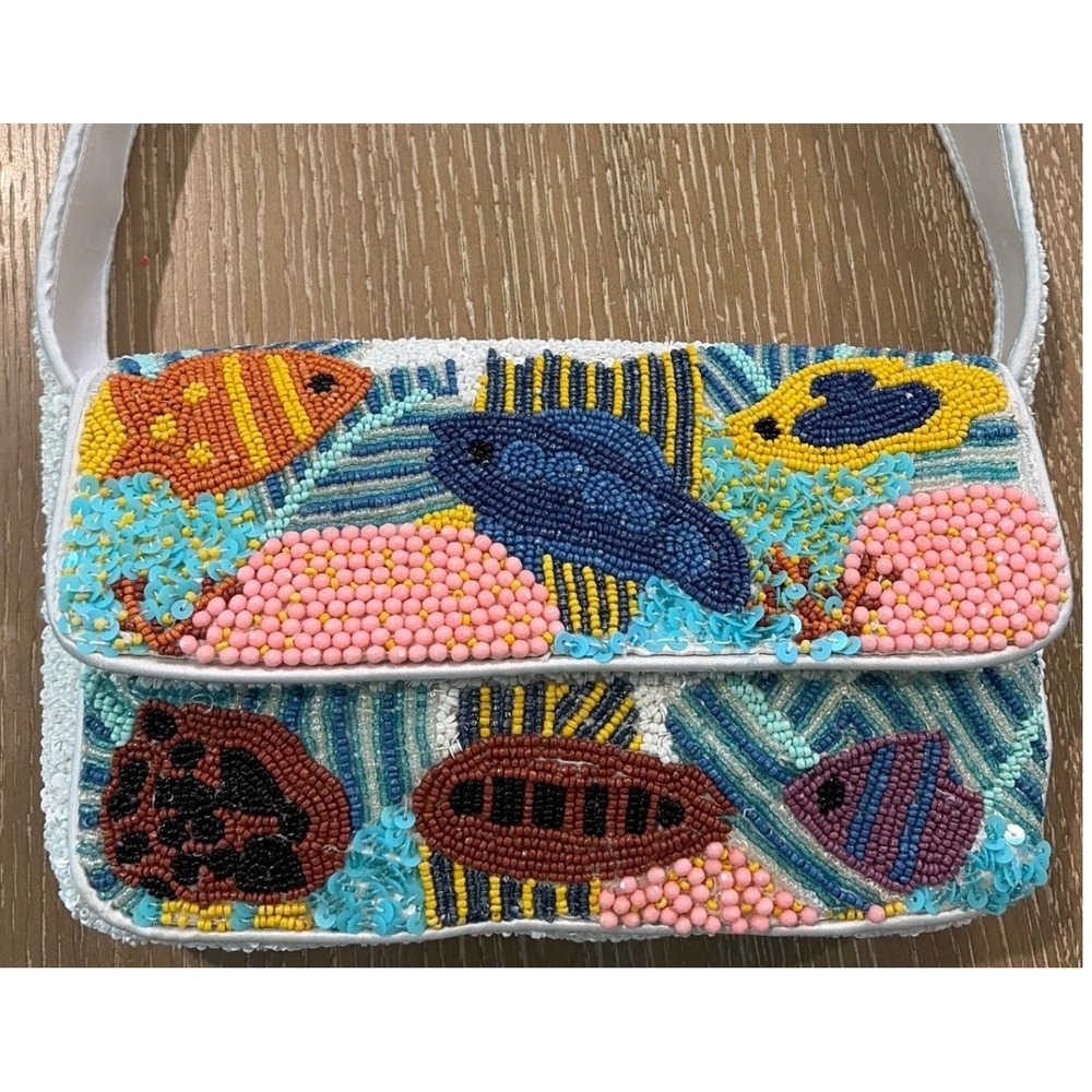 Viral Beaded Sealife Coastal Tropical Fish Aquarium Hand Beaded India Purse Bag